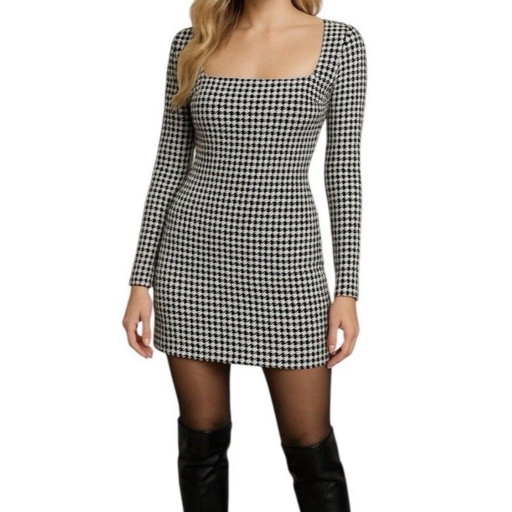 Mi Ami Houndstooth Long Sleeve Mini Dress Women’s Medium Girlhood Academia